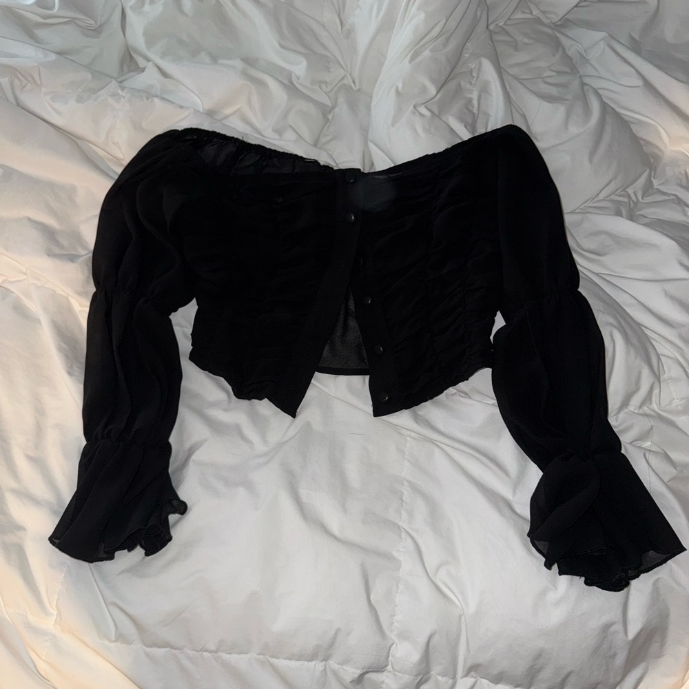 Black Ruffled Long Sleeve Crop Blouse